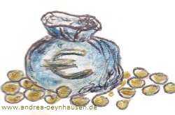 Praller Beutel inmitten von Goldmünzen stehend